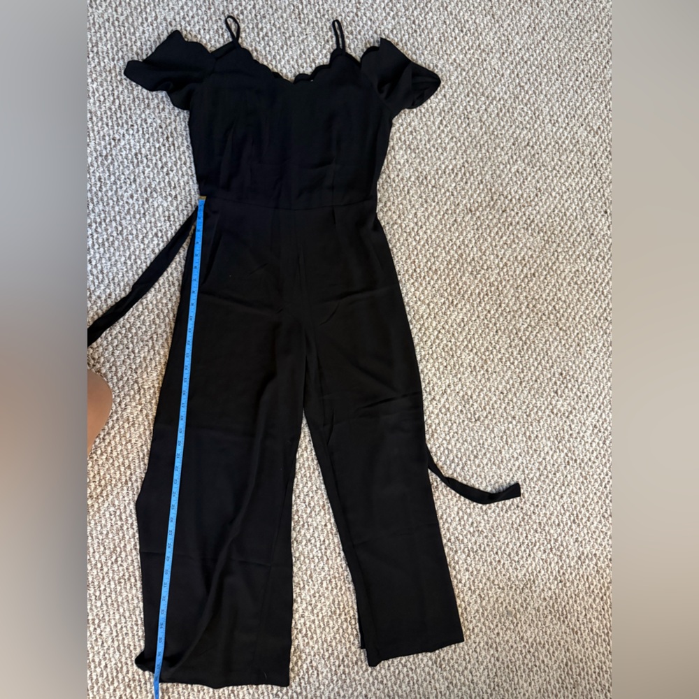 Black Spaghetti Strap and Off the Shoulder Front Tie Jumpsuit - Picture 11 of 11